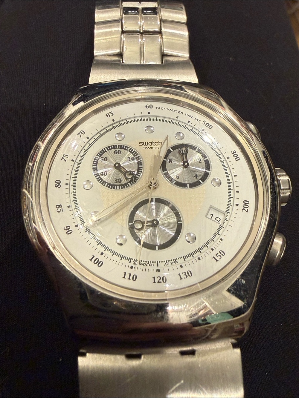 Swatch Silver Stainless Steel Chronograph Watch with White Dial